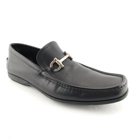 FERRAGAMO Black Leather Logo Horse Bit Slip-on Driver Moccasin Flat Loafers 9